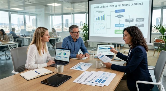 Professionals revisant objectius i relacions laborals en equip